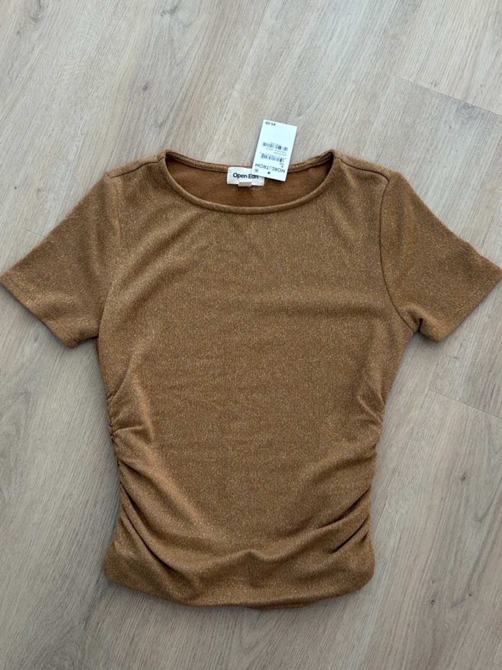 NWT Nordstrom The Edit Shimmery Gold Short Sleeve Ruched Top Medium